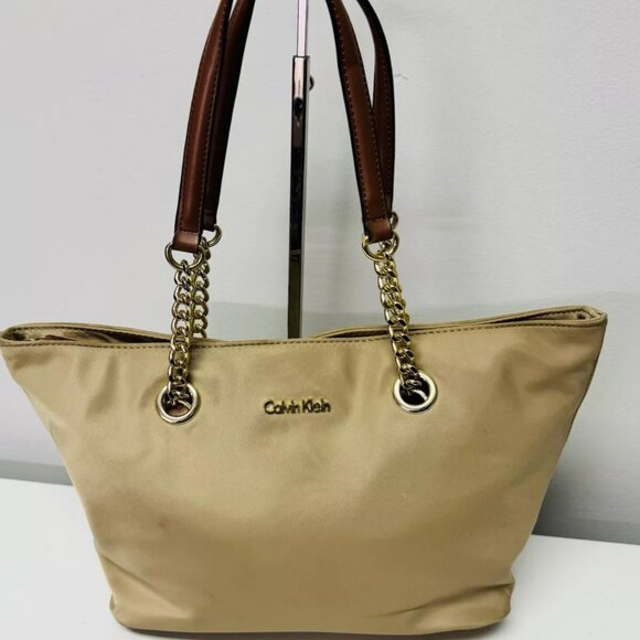 Calvin Klein Florence Nylon Brown & Gold Chain Tote Bag ~ H4AAE2DX - Picture 1 of 4